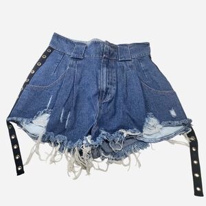 Nude Denim Shorts Womens Small Blue High-waisted Distressed W/ Metal Punk Accent